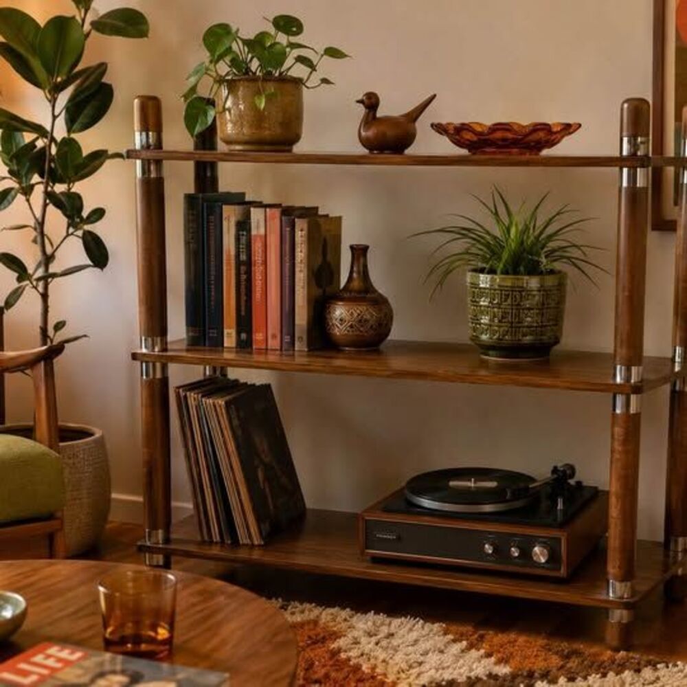 Mid-Century Modern 3-Tier Wood and Chrome Shelving Unit